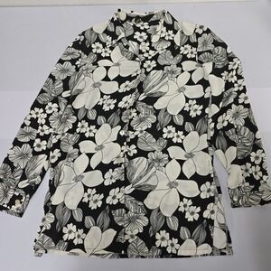 Alia Vintage Floral Button Up‎ Shirt Black White Long Sleeve Blouse XL